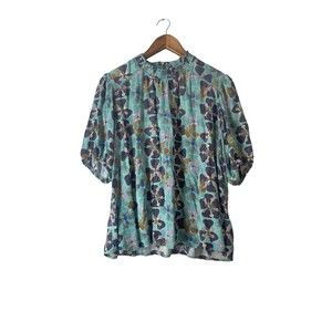 Knox Rose High Neck Floral Blouse Womens Size L Balloon Sleeve Green Beachy